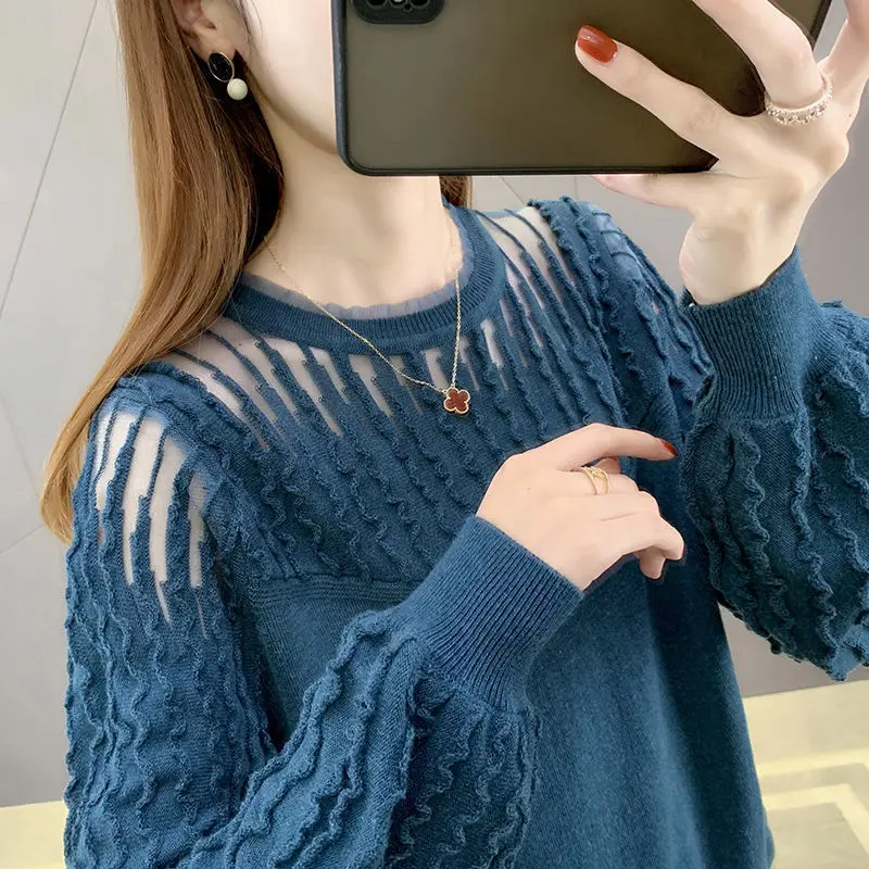 O-Neck Knitting Splicing Hollow Out Design Casual Sweaters Pullovers for Women 2022 New Korean Fashion Women\'s Clothing Chic Top