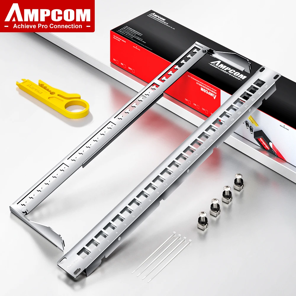 AMPCOM Blank Patch Panel 24 48-Ports 1U 0.5U 19in Rack-Mounted w/Cable Management Bar for Cat6a Cat7/8 Modular Keystone Silver