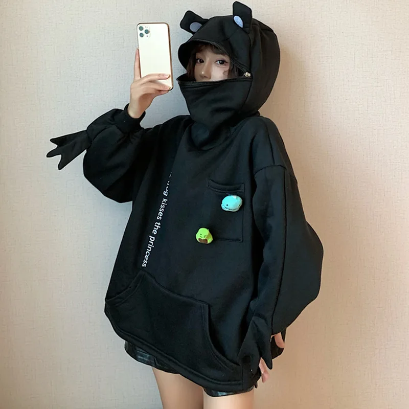 Harajuku Frog Shape Hoodies Women Autumn Winter Zip Hooded Sweatshirts Long Sleeve Unisex Tracksuits Funny Cute Pullovers Top