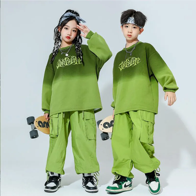 Kids Hip Hop Clothing Sweatshirt Denim Casual Cargo Jogger Streetwear Pants for Girl Boy Jazz Dance Costume Clothes Outfits Set