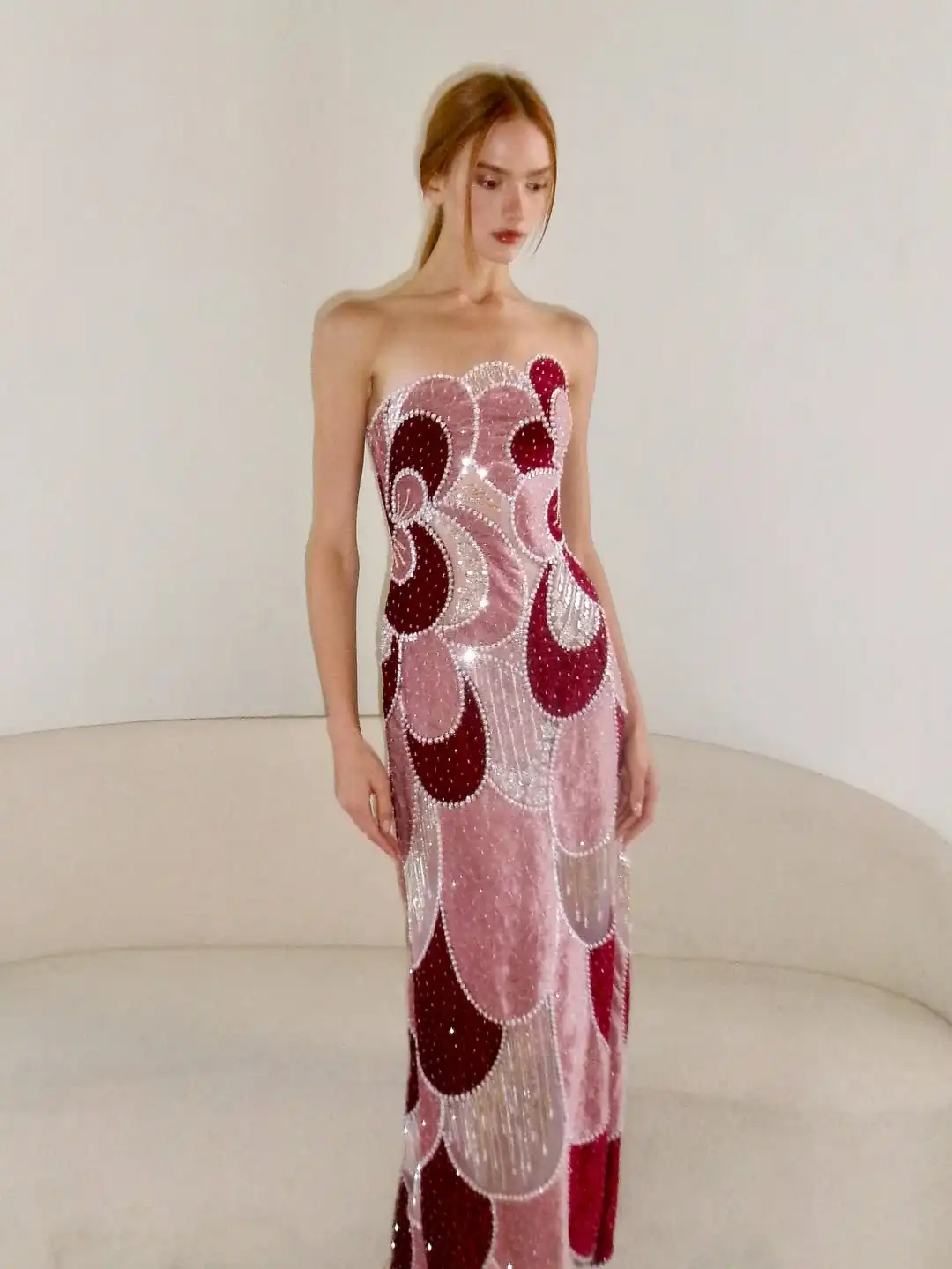 Ofherown 2026 Burgundy Pink Strapless Beaded Evening Dress Velvet Patchwork Formal Prom Gown for Party Red Carpet Customized view 4