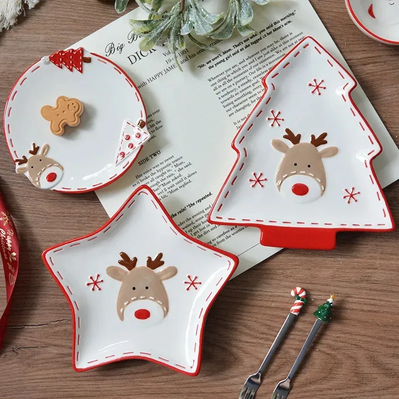 Christmas Hand-painted Ceramic Tableware Set Cute Christmas Steak Plate Embossed Underglaze Color Flat Plate