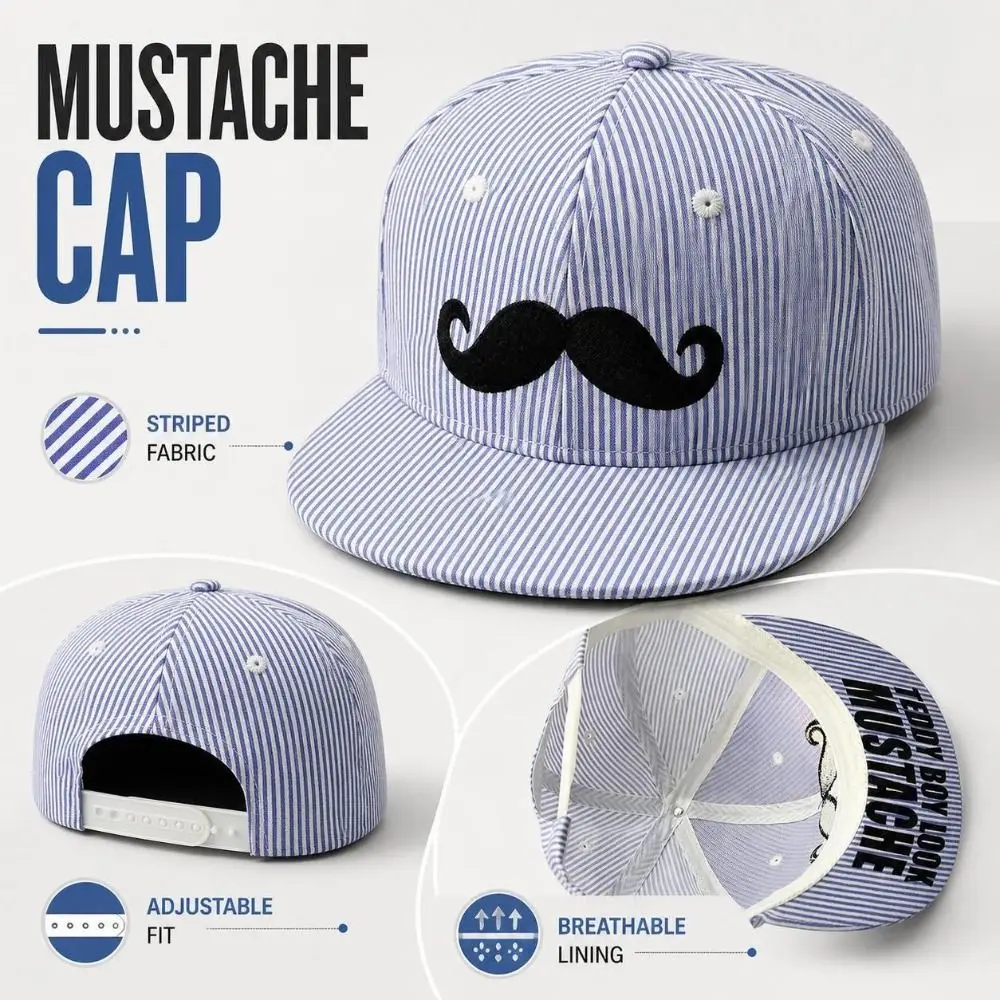 Trendy Hip-Hop Mustache Snapback Cap Flat Brim Striped Baseball Hat Lightweight Adjustable Trucker Hat Streetwear
