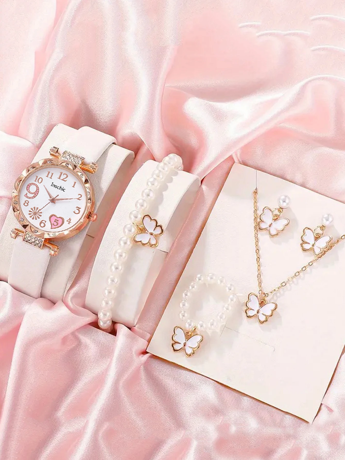 Fashion Rhinestone Heart Butterfly White Leather Strap Women's Quartz Watch Six-Piece Set, Suitable for Christmas and Halloween