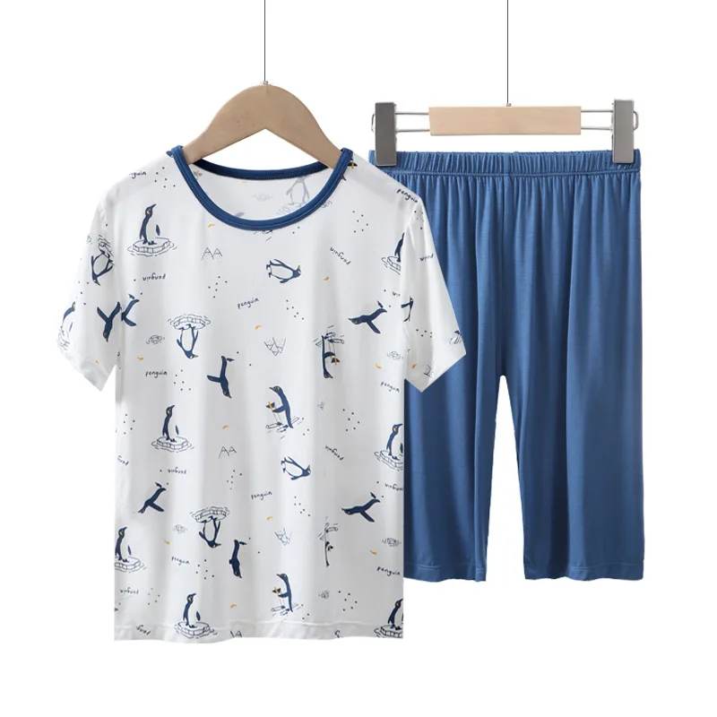 

3-16 Years Boys Children Summer Pyjamas 95% Viscose Cartoon Penguin White Blue Thin Pajamas Sets Sleepwear Home Wear