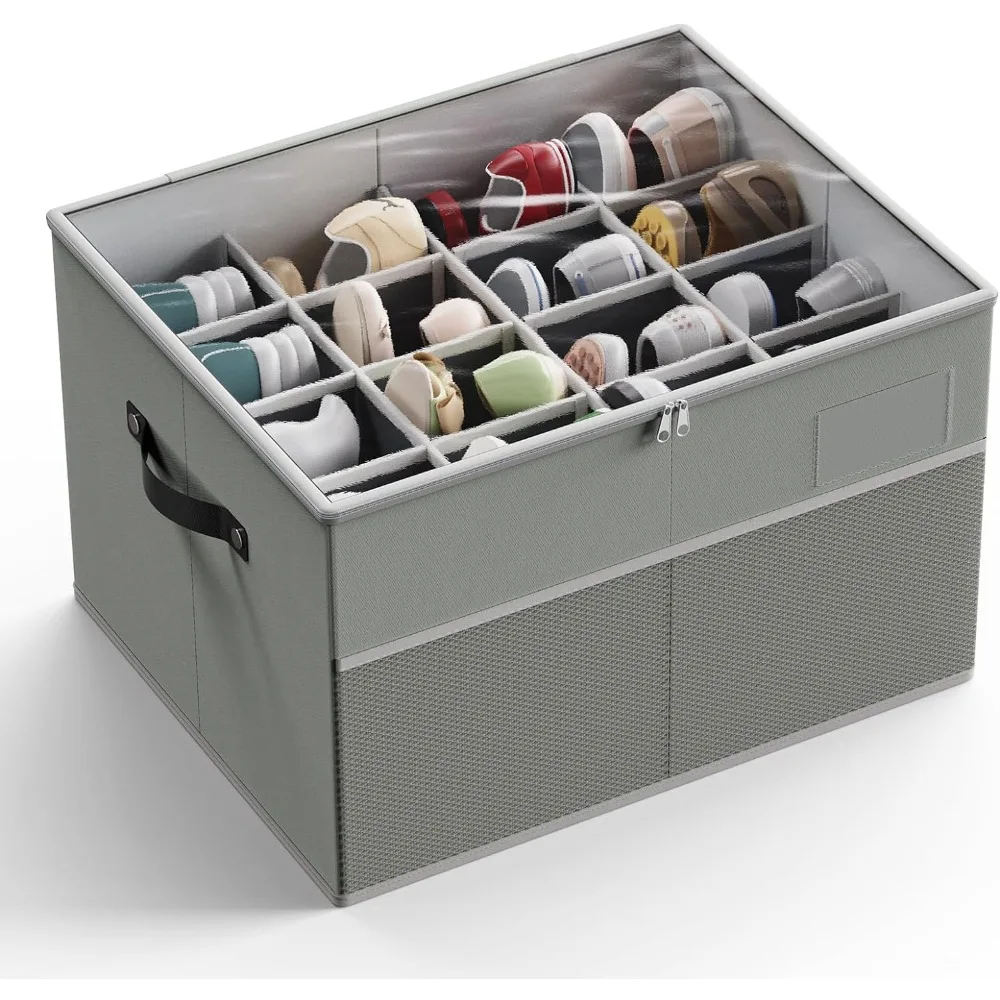 

Shoe Organizer for Closet, Fits up to 16 Pairs, Large Shoe Box Storage Container with Clear Cover, Adjustable Dividers for Shoe