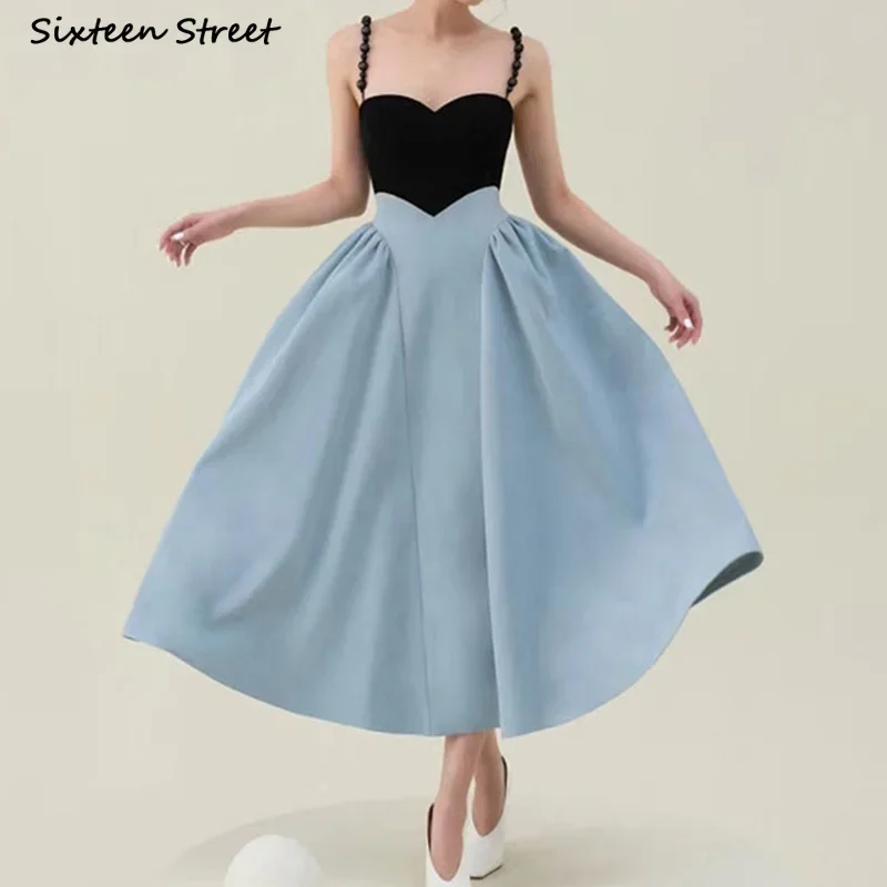 Vintage Strapped Women Dress Summer Blue Patchwork High Waisted Bodycon Dress Beading Ball Elegant Clothing Fall