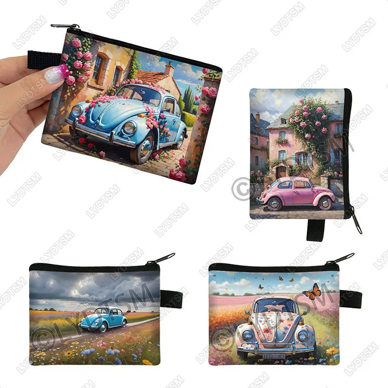 Vintage Car Rural Landscape Pattern Coin Bag Retro Car Women Card Key Earphone Holder Wallet Money Bag Zipper Pouch