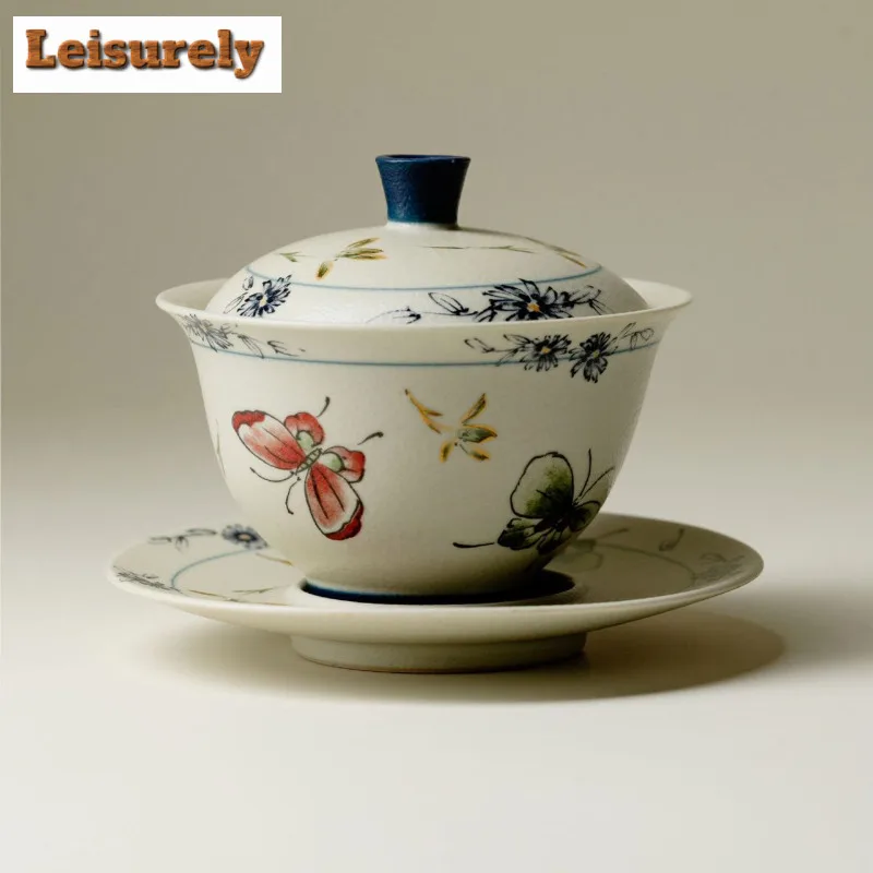 

120ml Butterfly Orchid Three-talent Gaiwan Elegant Tea Tureen Tea Bowl With Lid Kit Tea Brewing Cover Bowl Kung Fu Tea Set Gift