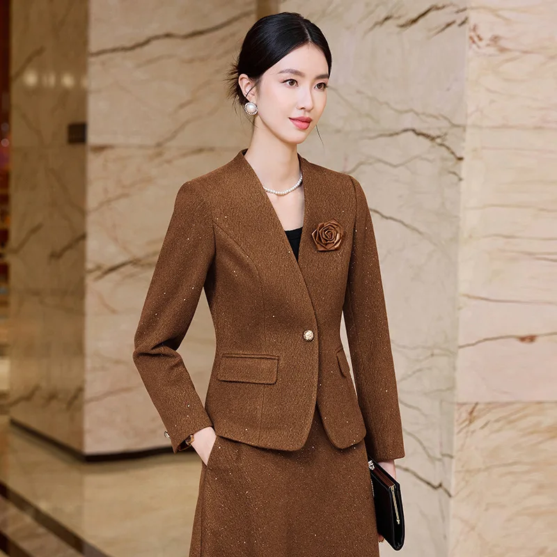 

Elegant Wool Blend Skirt Set V neck Quilted Single Button Jackets Elastic Waist Midi Skirts 2025 Winter Sets Womens 2 Piece
