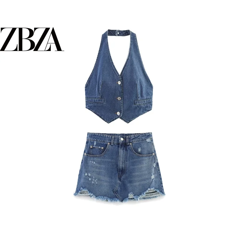 Sexy Spicy Girl Style Backless Neck Hanging Denim Short Skirt Top for Women V-neck Button Closure Slim Fit Summer Fashion Set