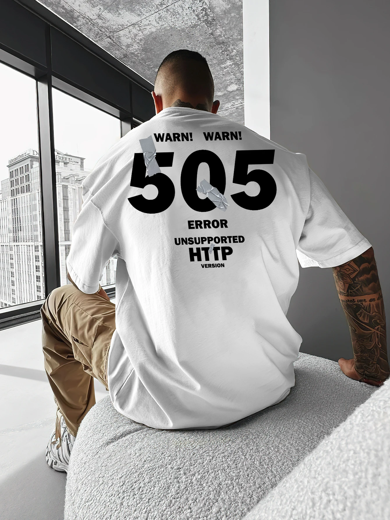 Men's Oversized 505 Error Print T-shirt WARN! Graphic Vintage Hip Hop Streetwear Casual Short Sleeve Tee