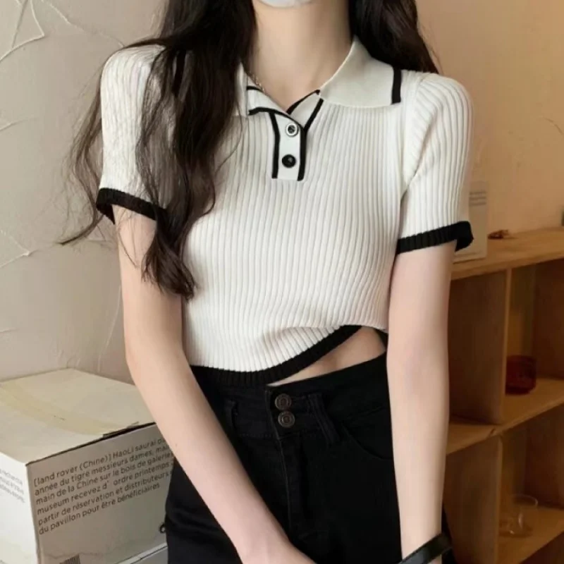 Contrast Color Polo Collar Shoulder Knitted Short Sleeves T-shirt Women\'s Summer Slim-Fitting Design Sense Niche Short Tops