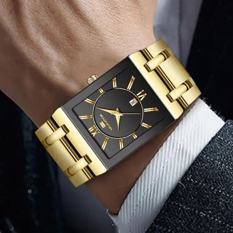 Luxury Fashion Rectangular Black Gold Men Watch Business Simple Design Stainless Steel Calendar Waterproof Quartz Men Watches