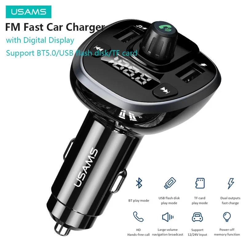 Автомобильный FM-передатчик USAMS с поддержкой Bluetooth 5,0, быстрой зарядки, с цифровым дисплеем, громкой связью, mp3-плеером, BT/USB флеш-накопителем/TF-картой