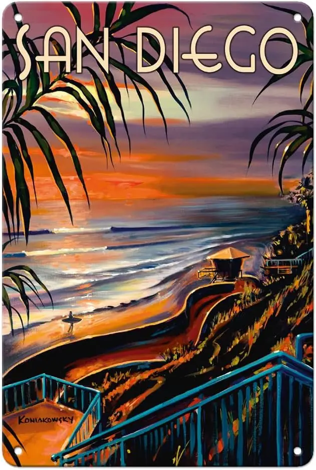 Pacifica Island Art San Diego - California Sunset - Vintage Travel Poster by Wade Koniakowsky - 8 x 12 inch Vintage Metal Tin Si