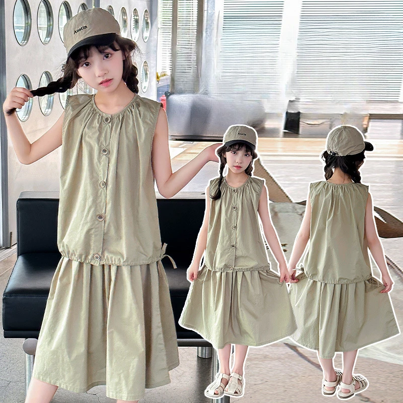 Girls Suits Fashion Set 2024 New Women Big Children Cotton Sleeveless Skirt Two-piece Children Summer Clothes Simple Casual