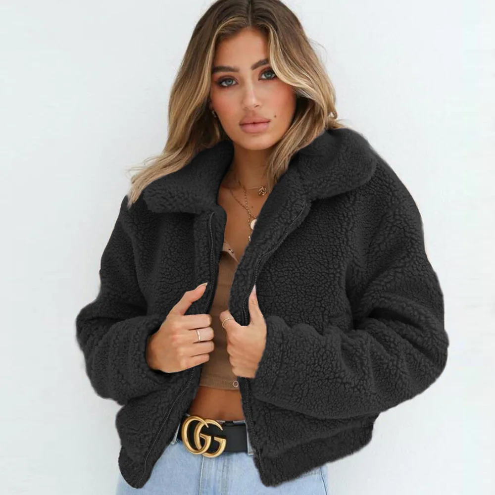 

KIDCRKJ зимнее женское пальто из овечьей шерсти, однотонное пальто с воротником с лацканами на молнии, верхняя одежда из искусственного меха для женщин, флисовое элегантное женское пальто из искусственного меха