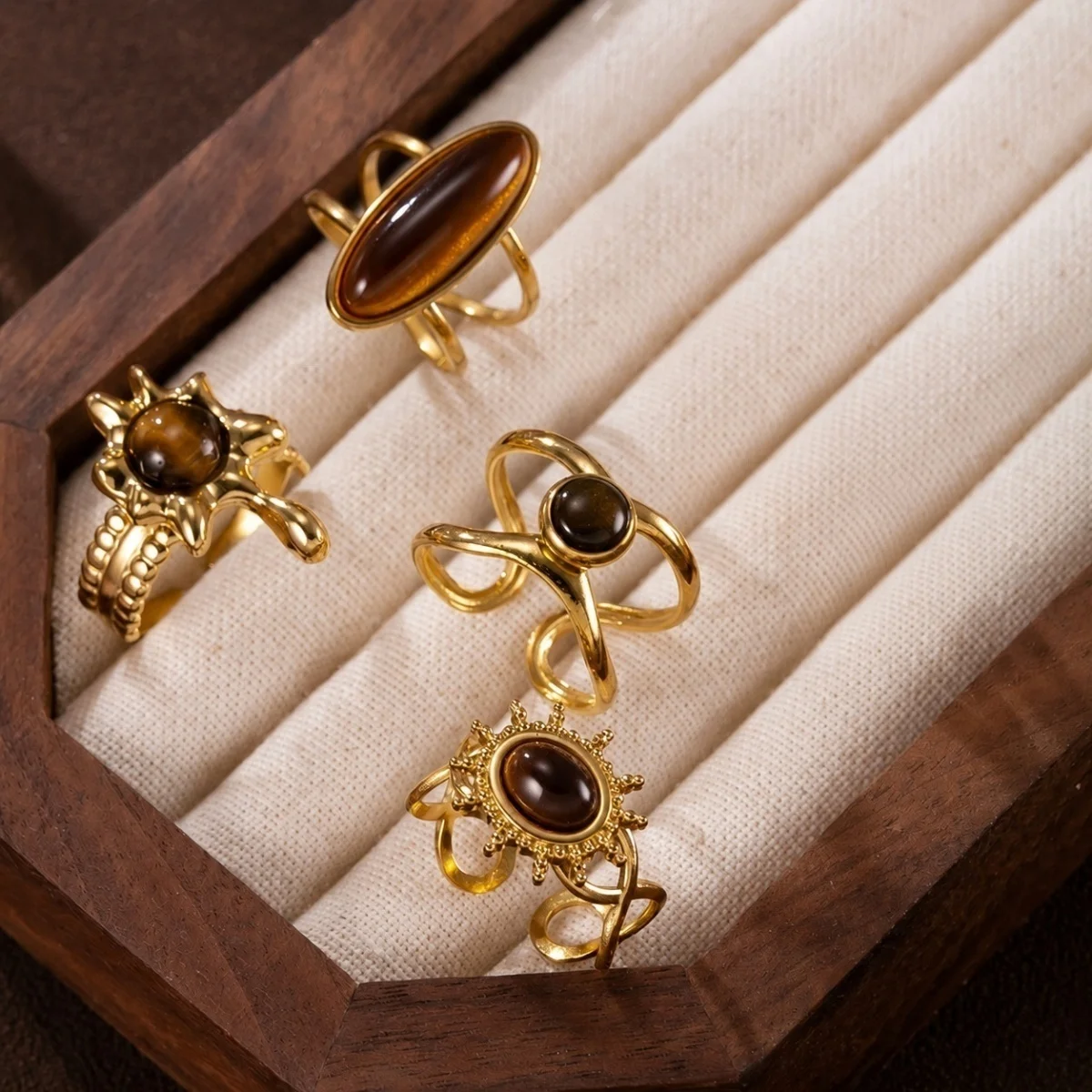 Vintage Maillard Tigerauge-Stein Ovaler Lava-Sonnen-Fingerring für Damen und Herren, Edelstahl, hohler geometrischer Ring, Herbstschmuck – Detail 17