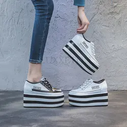 Women Shoes 12cm Genuine Leather Platform Wedge Sneakers Chunky Hidden Heel High Women Casual Shoes Spring Summer Loafers