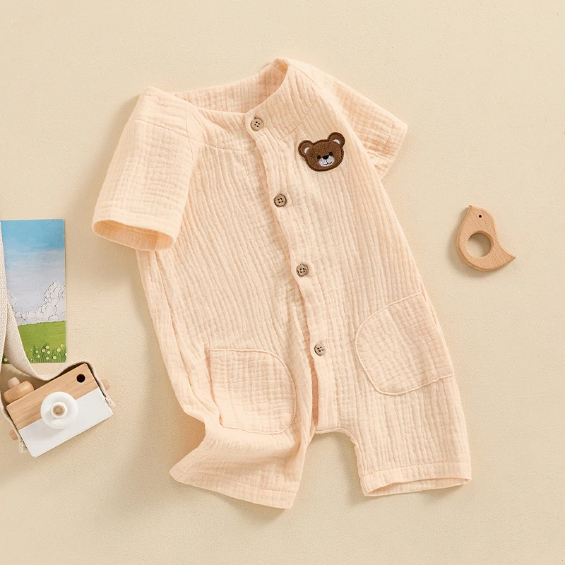 Adorable Baby Boys Romper with Bear Embroidery and Button Closure Short Sleeve Jumpsuit for Newborn Infant Summer Outfit