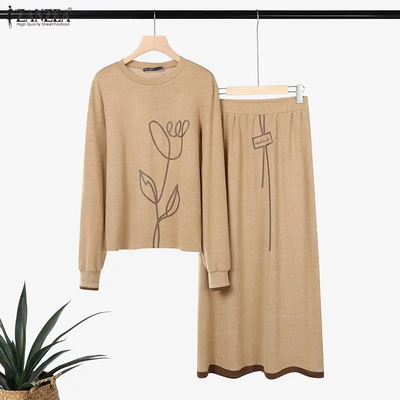 

ZANZEA Women Fashion Print Matching Sets Long Dress Sets 2026 Autumn Spring Long Sleeve Tops Elastic Waist Skirts Elegant 2pcs