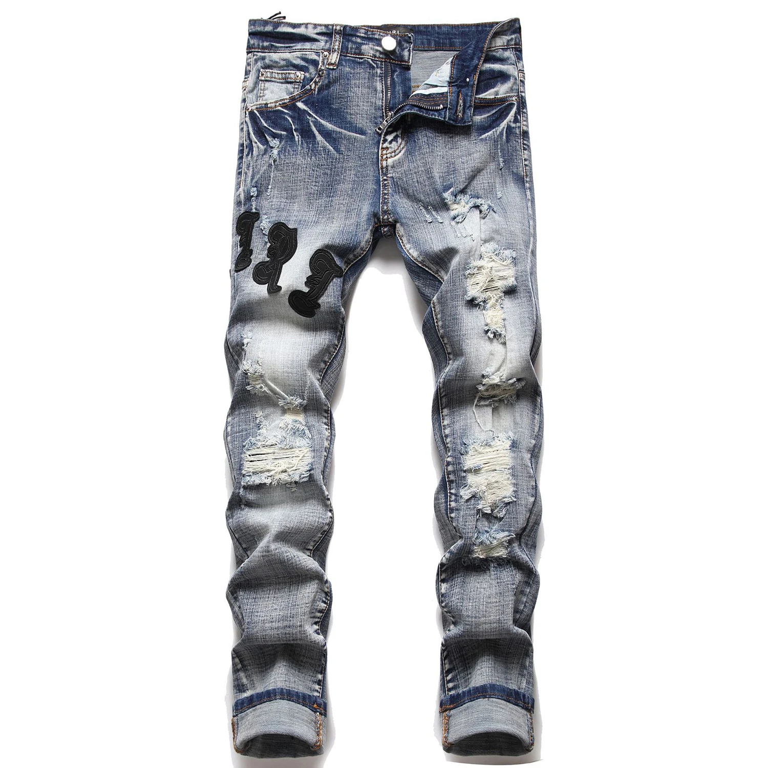 

Light Luxury Men’s Slim-fit Stretch Blue Denim Pants,Embroidery Decors Ripped Trendy Casual Pants, Stylish Sexy Street Jeans ;