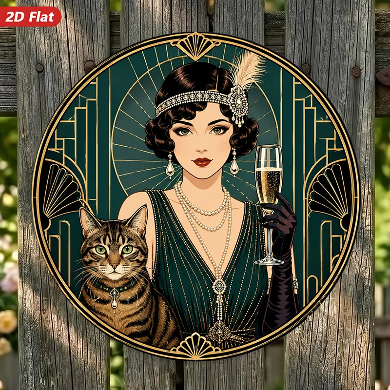 2D Flat,Round Metal Sign Wall Art, Art Deco Style Home Decor, Flapper Girl with Cat Image, Geometric Patterns,