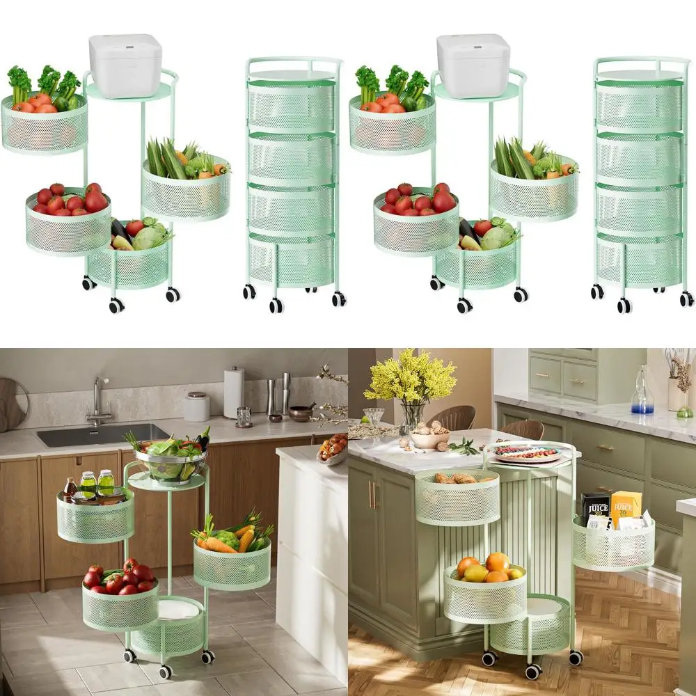 

4-ярусная зеленая металлическая полка для хранения на колесиках для кухонных корзин и полок, идеально подходит для организации продуктов питания и овощей