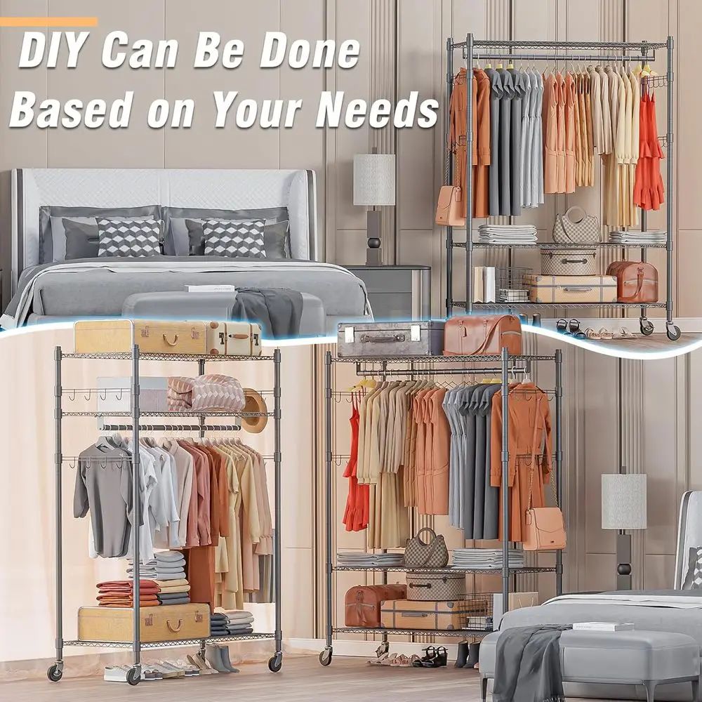 Gray Heavy-Duty Adjustable 3-Tier Rolling Clothing Rack with Hanging and Storage Features