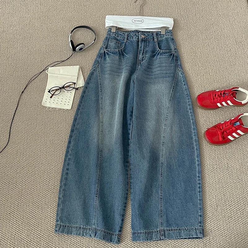 

Washed Curved Knife Jeans for Women 2025 New Autumn Korean Style High Waist Pockets All-match Wide Leg Pant Female Clothing
