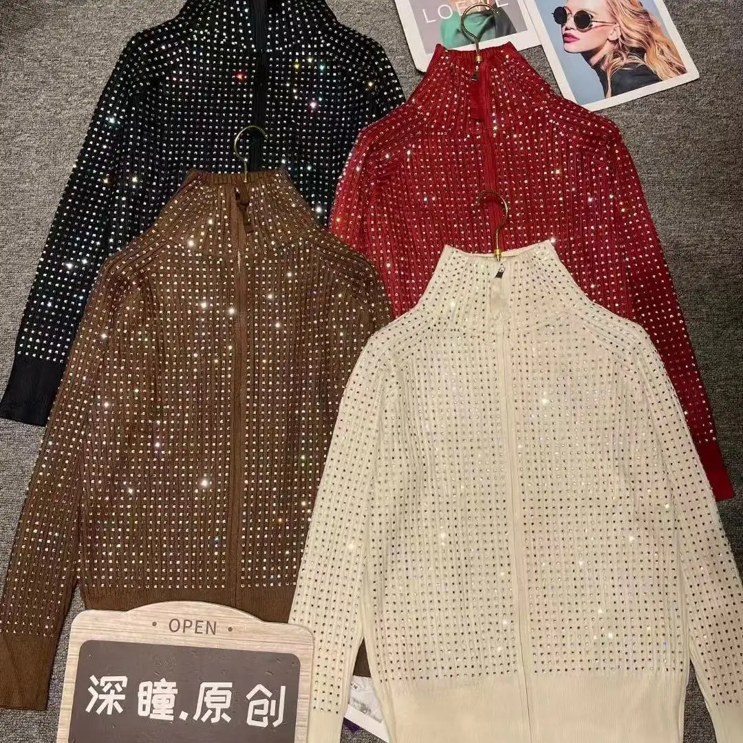 Luxury Style Diamonds Hot Drilling Slim Fit Knitted Cardgain for Women's Autumn Winter Turtleneck Sweaters Tops Woman Clothes