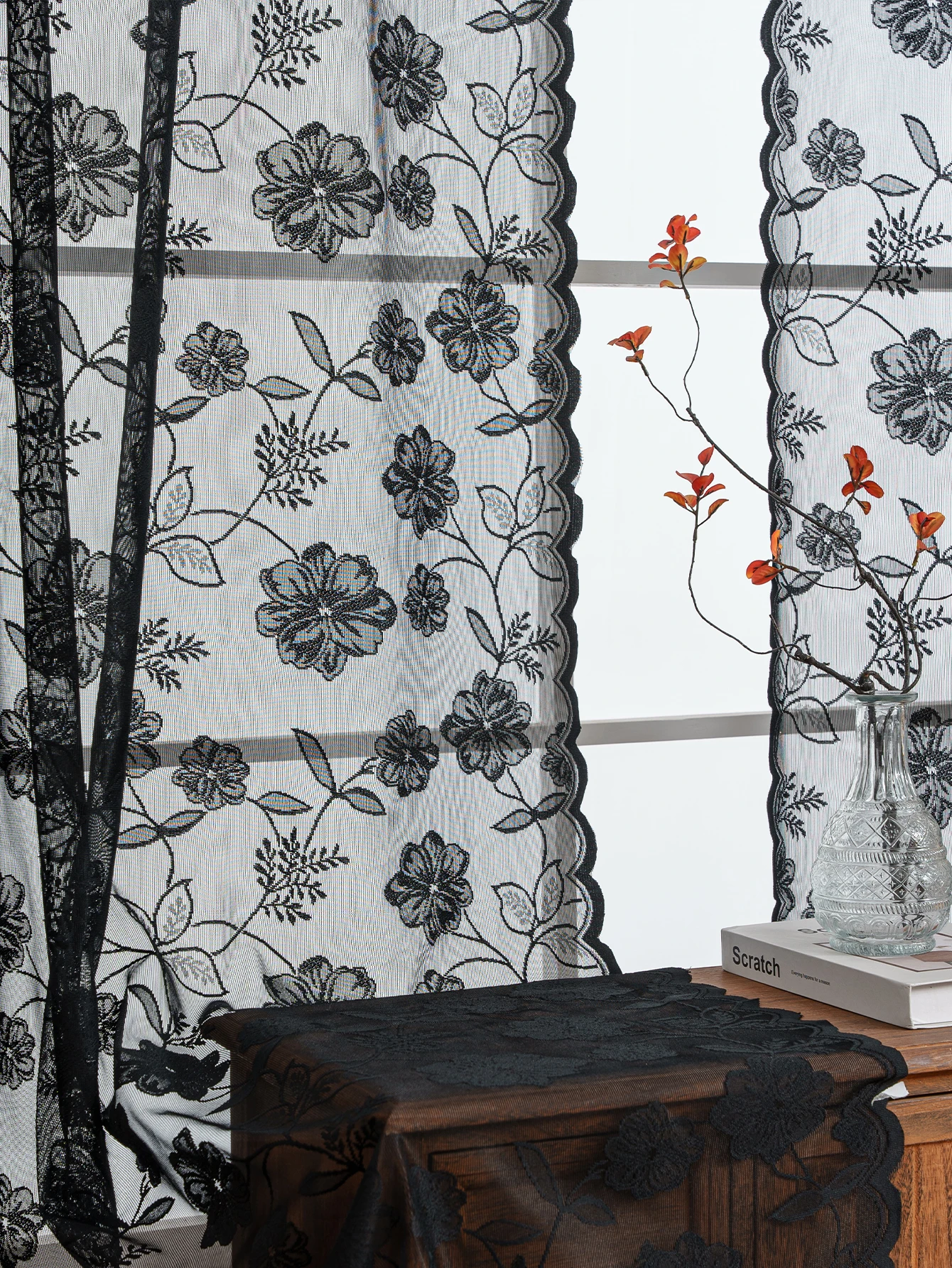 Modern Minimalist Black Embroidered Rose Window Curtain Luxurious High-End Sensation Home Use Transparent Drapes