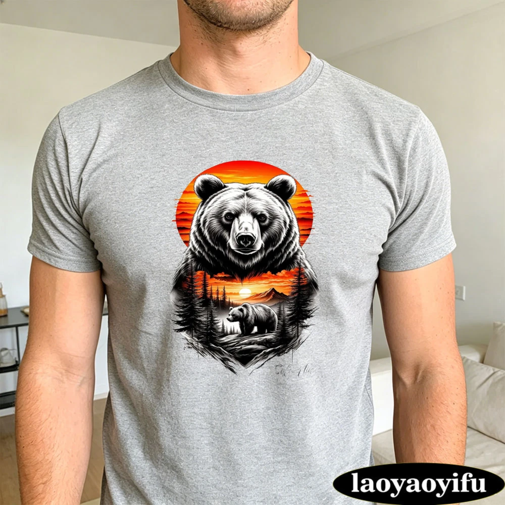 Grizzly Bear Sunset Mountain Silhouette T Shirt Men Wildlife Nature Tee Casual Top for Outdoor Hiking Camping Enthusiasts