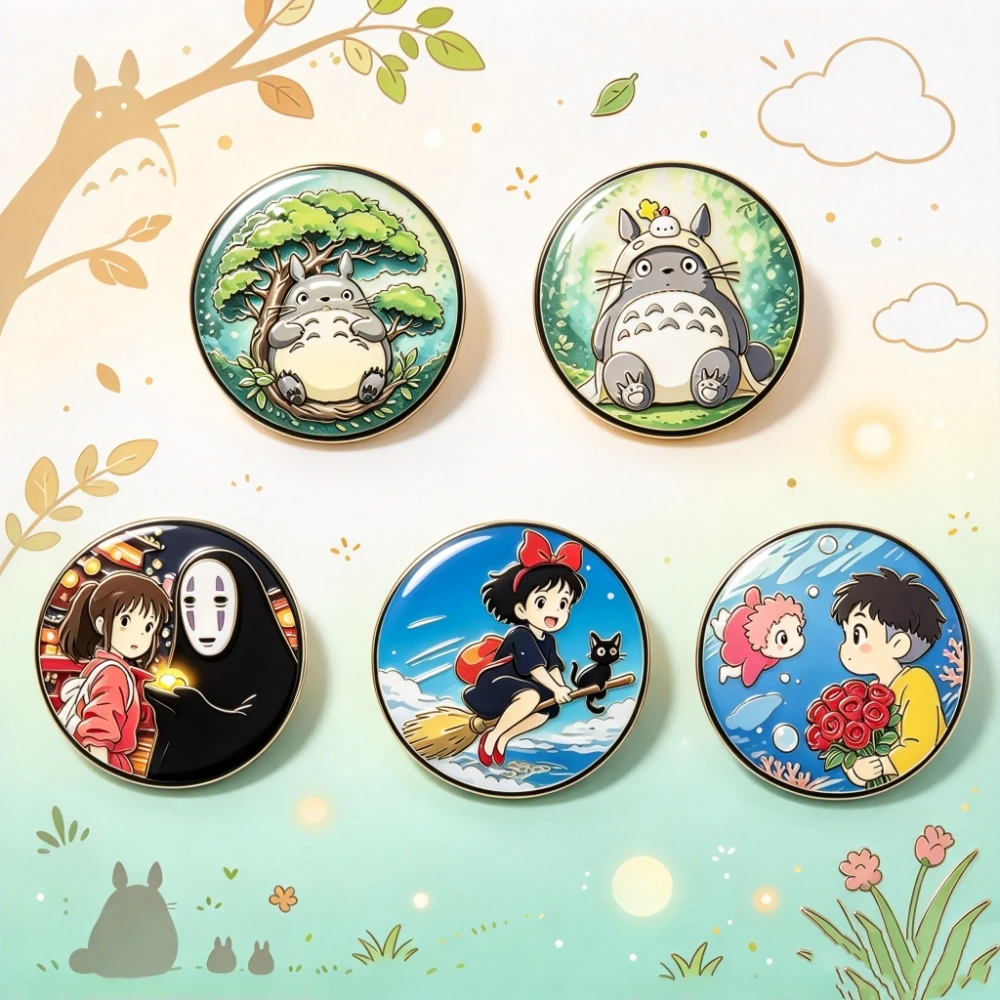 5Pcs Round Tin Badges with Japanese Fairy Tale Illustrations, Healing Art Brooches for Backpack & Clothing Decor
