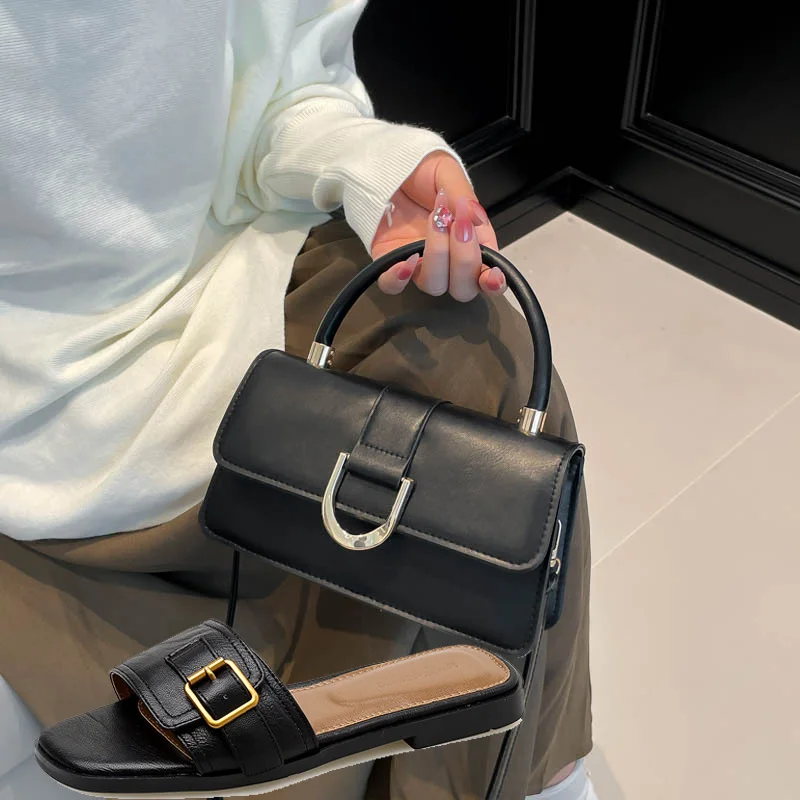 Women's Summer New Retro Square Head Plus Size Belt Buckle Sandals and Slippers Slip-resistant Women's Shoes with Shoulder Bag.