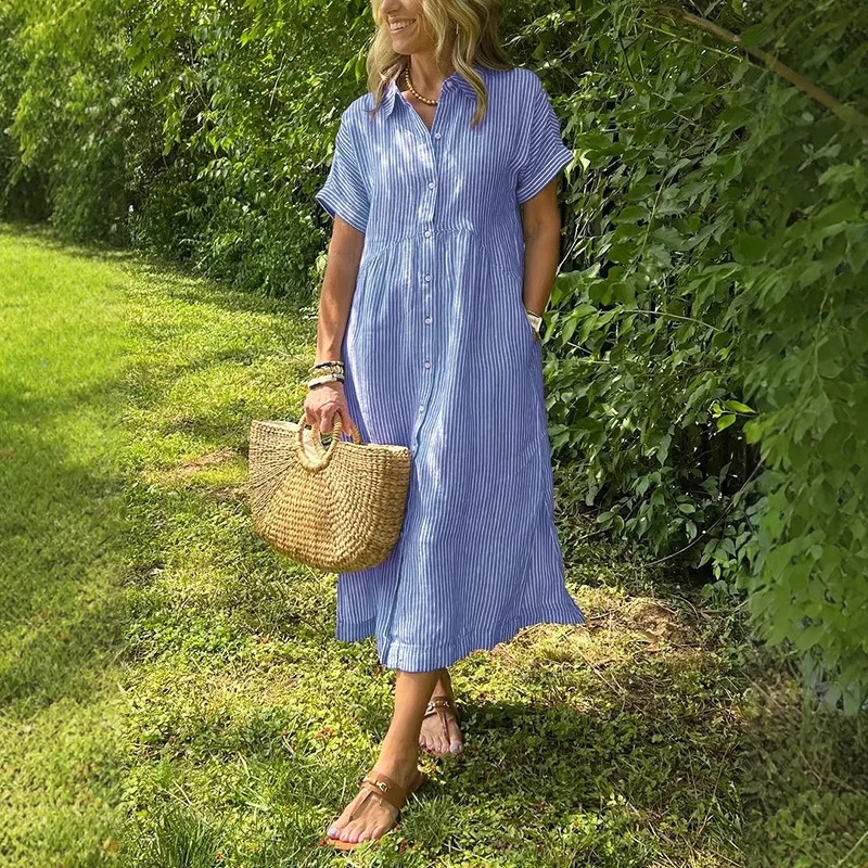 Robes d'été à manches courtes pour femmes, chemise ample à rayures, décontractée, en coton et lin, longue, robe Плаalıе Ж Dienekteе