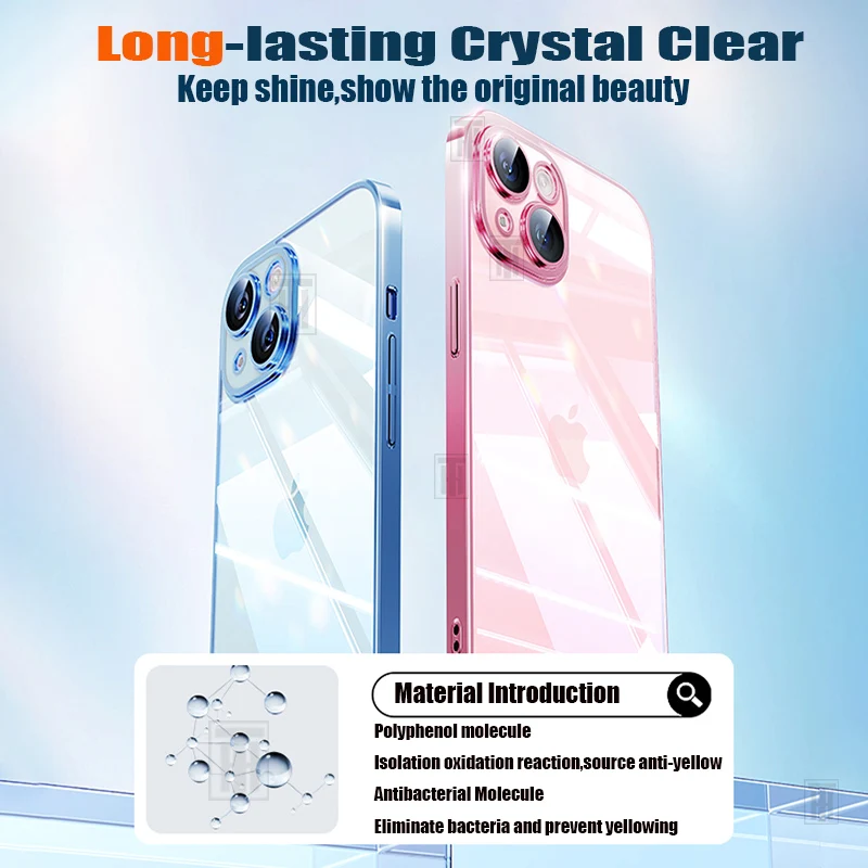 Official Not Yellowing High Clear Plating Case for iPhone 16 15 14 13 12 11 Pro Max Plus Ultrathin Lens Film Protect Soft Cover image 2