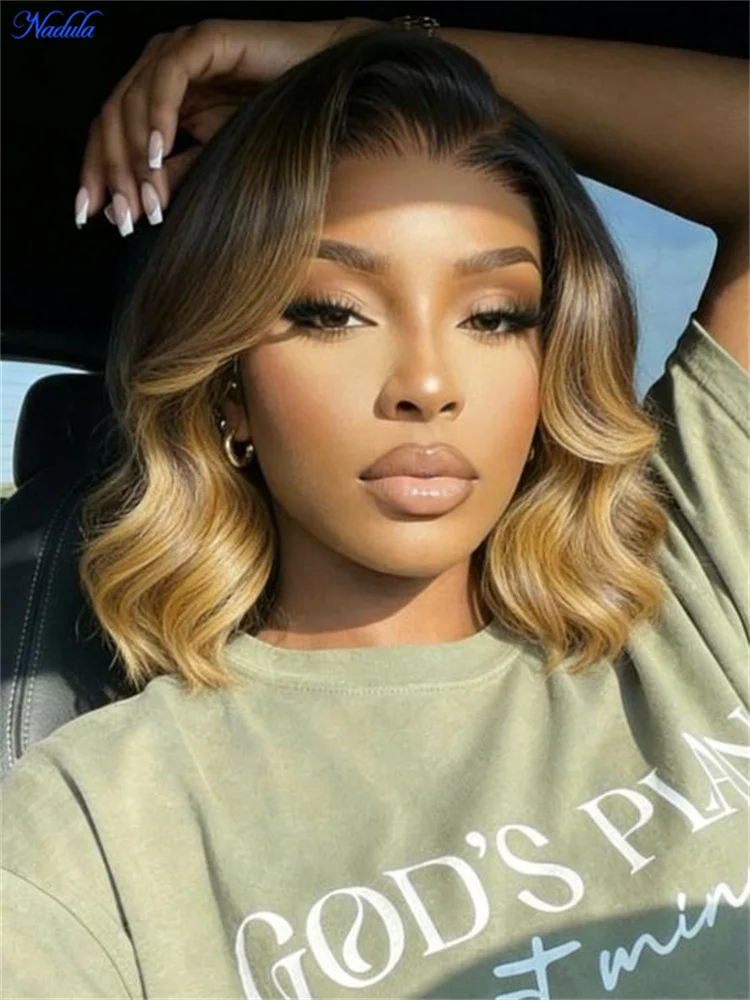 Nadula 13x4 Highlights Blonde Wavy Bob Human Hair Wig with Dark Root No Tangle No Shedding 13x4 Bye Bye Slip Pre Cut Transparent Lace Front Bob Glueless Wig Pre Bleached Knot Pre Plucked Drawstring BOB Wig for All Heads Sizes