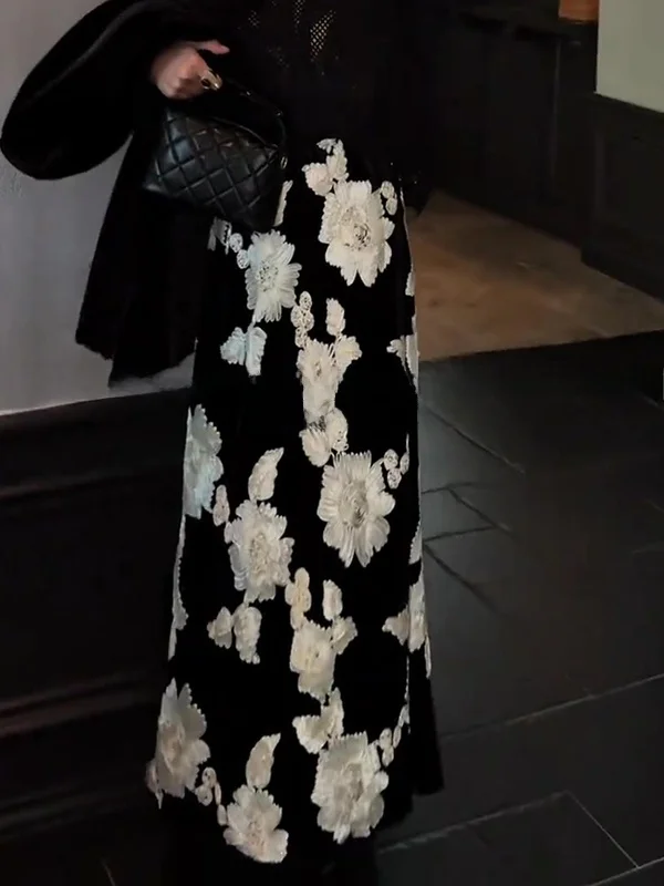 

Retro Print A-Line Midi Skirt for Women Autumn Winter plus Size Versatile Ele Slimming Large Size f-length Skirts