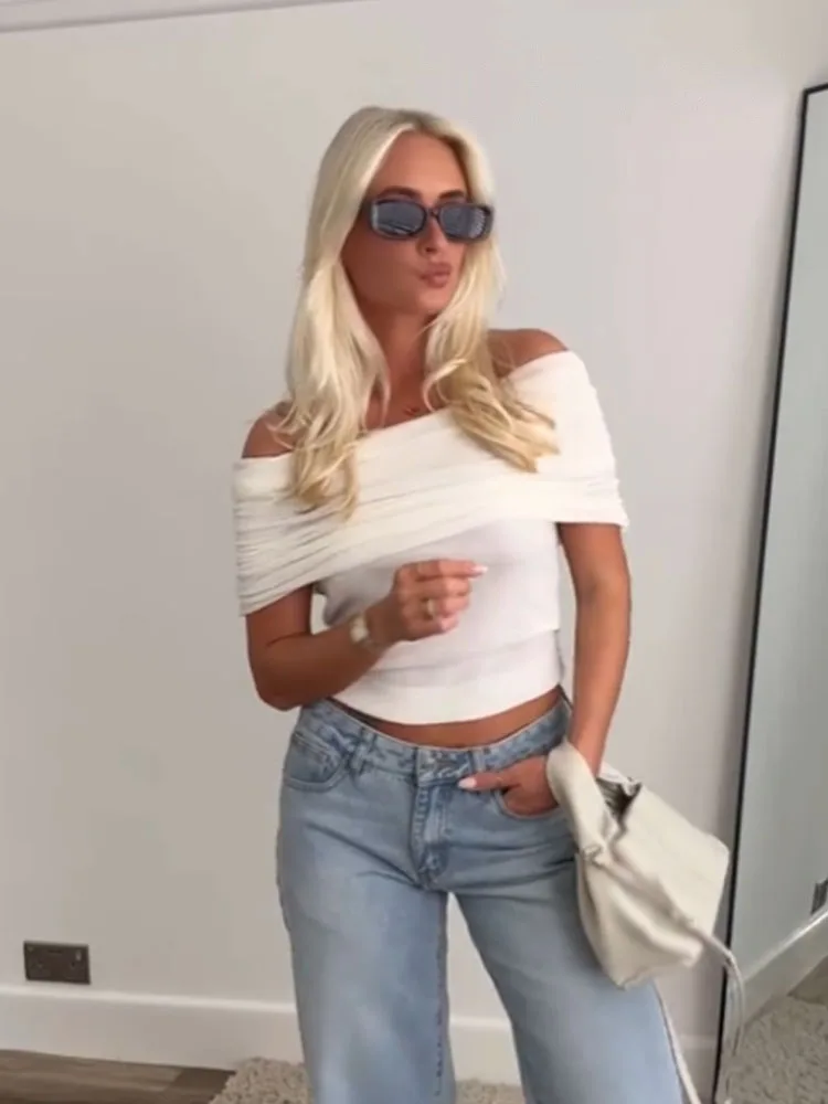 

HH женские летние новые модные топы, белые топы с открытыми плечами и складками, украшенный пуловер, женские шикарные тонкие вязаные топы