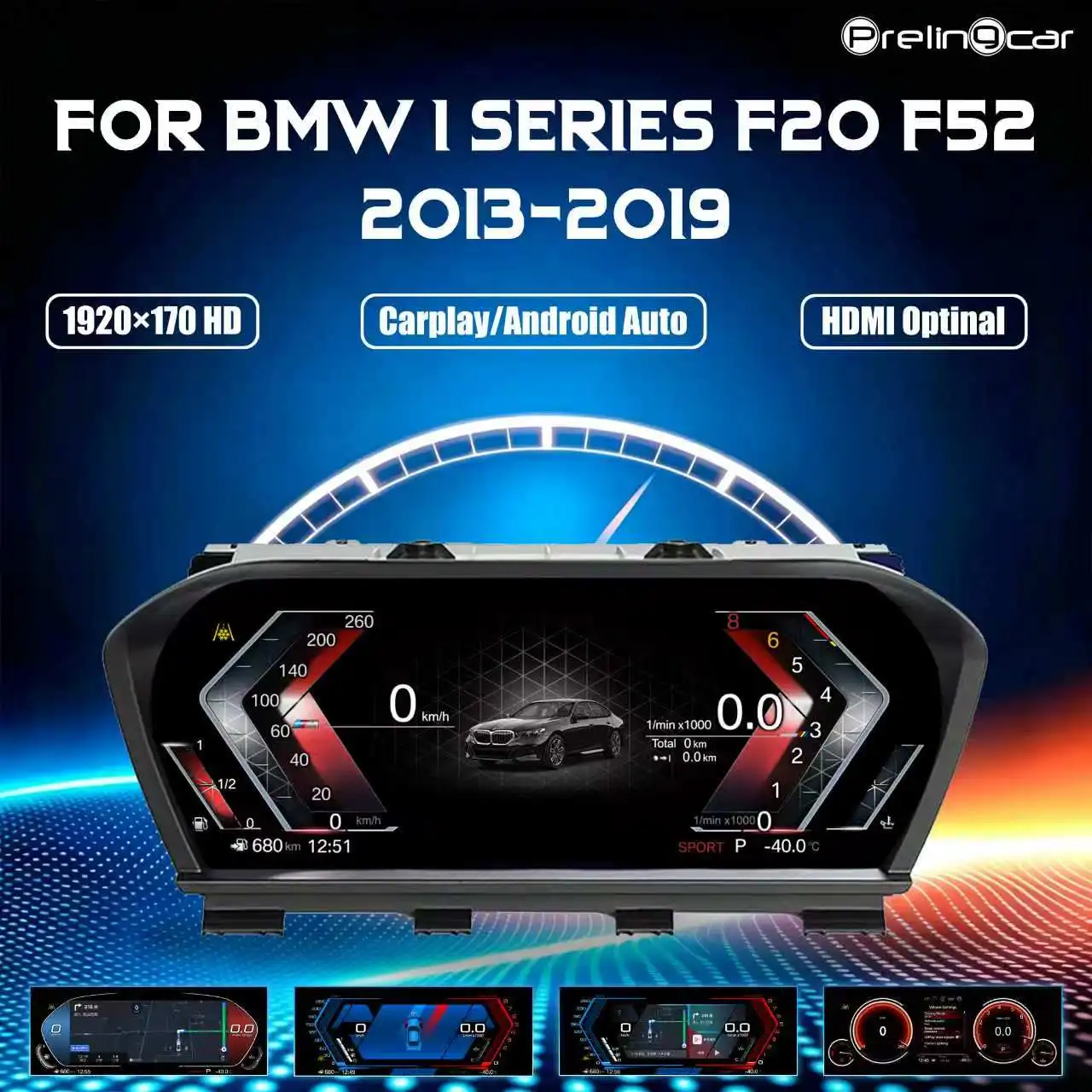 Tableau de bord numérique LCD pour BMW Série 1 et 2 (F20, F21, F52, F22), X1 (F48, F49), X2 (F39) années 2013-2019, avec fonction Carplay sans fil.