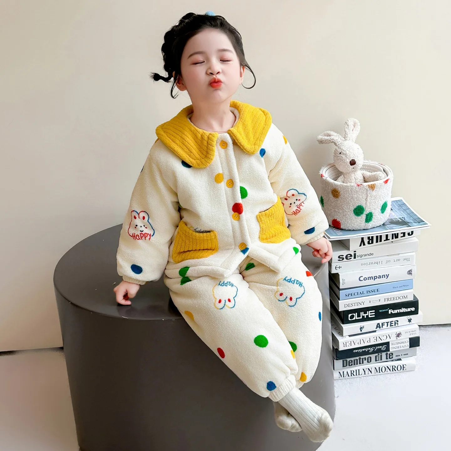 

Korean Winter Kids Girl 2PCS Clothes Set Turn Down Collar Rabbit Baby Girls Sweater Suit Colorful Dot Children Girls Pant Outfit