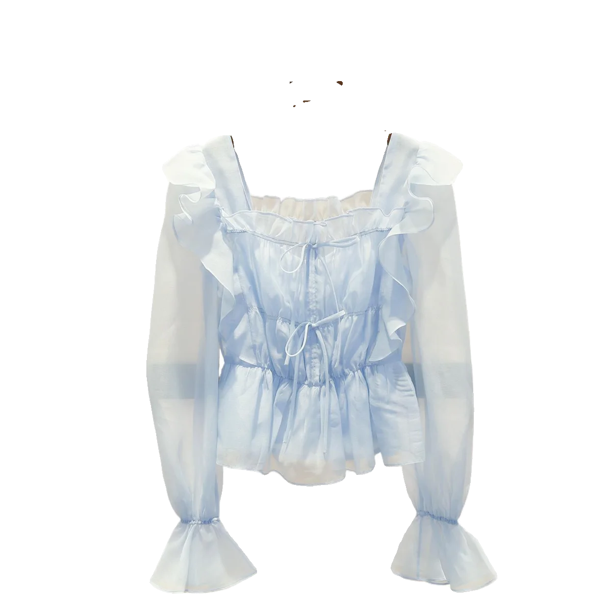 프렌치 스타일 루즈핏 여성 셔츠 봄 시즌 스퀘어 넥 골드 스커트 슬리브 쉬폰 탑 버터플라이 매듭 긴팔 숏 기장