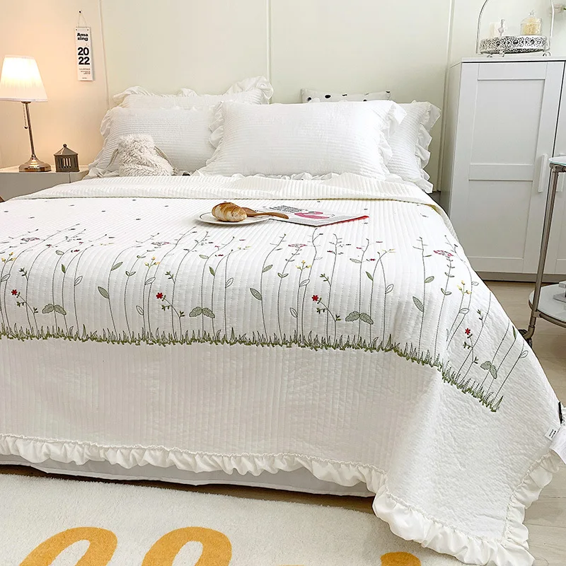 Fotografia 3: 1pc coreano princesa babados flores bordado verão colcha colcha na cama colcha ar condicionado cobertor conjunto de cama