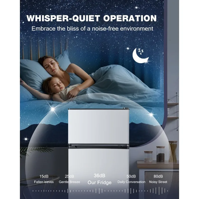 ثلاجة بباب مزدوج مع فريزر، 4.5 قدم مكعب، ثلاجة صغيرة مع فريزر، 7 إعدادات لدرجة الحرارة قابلة للتعديل، ثلاجة صغيرة