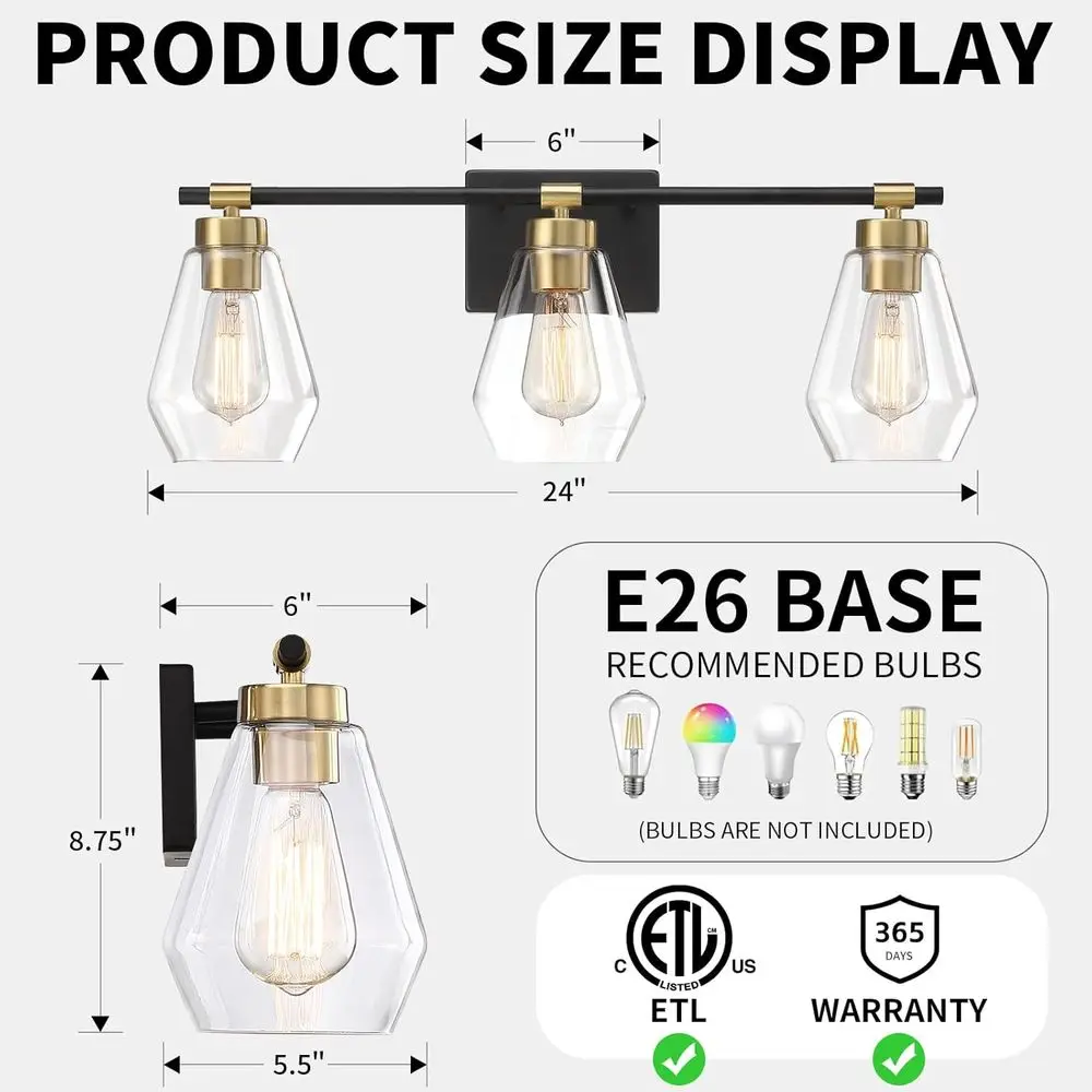 3-световой черный и золотой светильник для туалетного столика с прозрачными стеклянными абажурами для современных зеркал в ванной комнате, подходит для гардеробных, прихожей и
