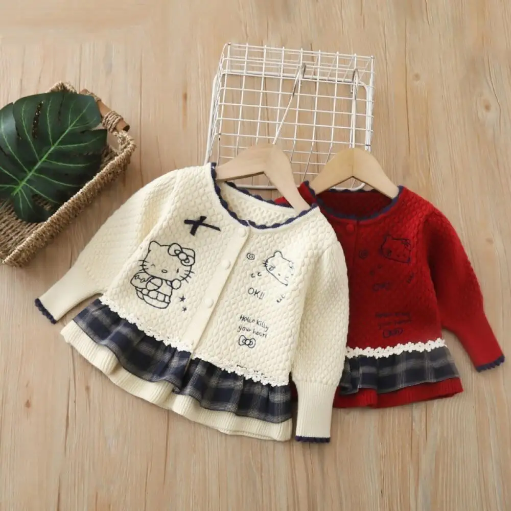 

Sanrio Hello Kitty детский свитер, кардиган, утепленное милое детское шерстяное платье, универсальная вязаная куртка для девочек, кружевной длинный стиль