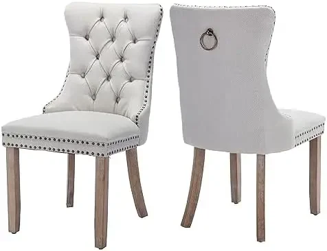 Linen Dining Chairs Set of 2, Upholstered Tufted Dining Room Chairs with Nailhead Trim Wood Legs Back Ring, Armless