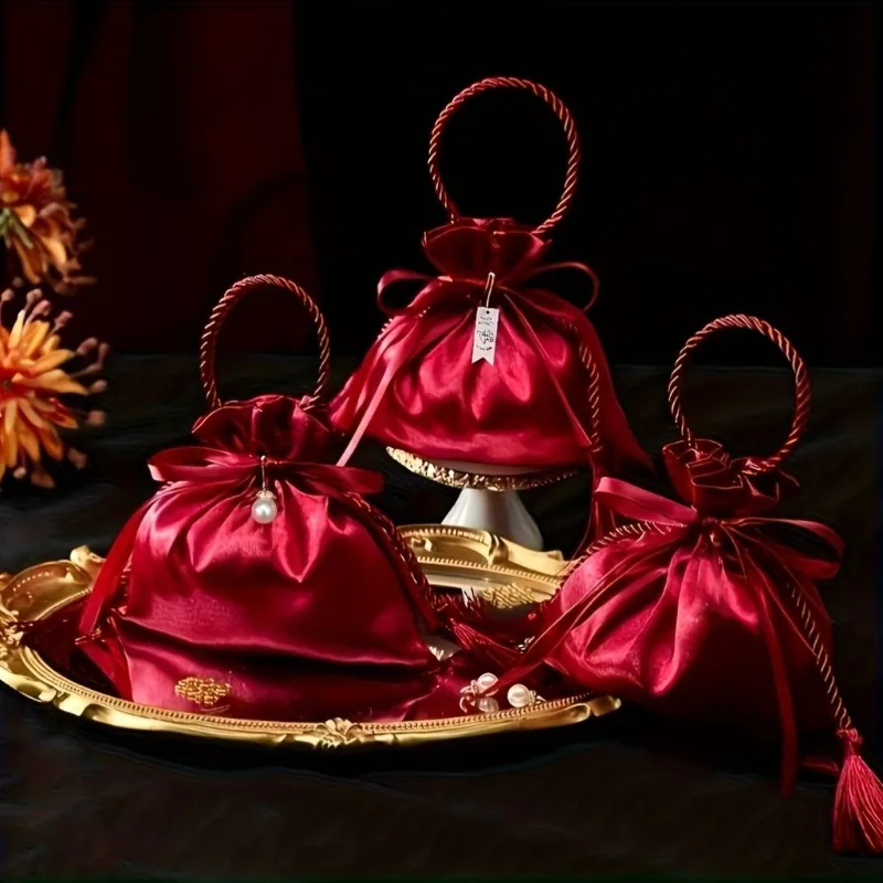 

10 шт. красных мешочков на шнурке с жемчугом и кисточками для конфет, для свадеб, дней рождений, праздничных мероприятий, банкетов, подарочной упаковки